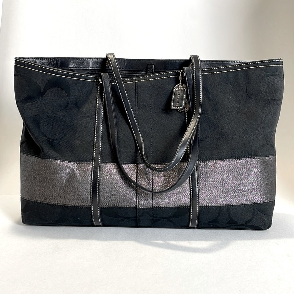 Coach Signature Tote Bag with Silver Metallic Stripe